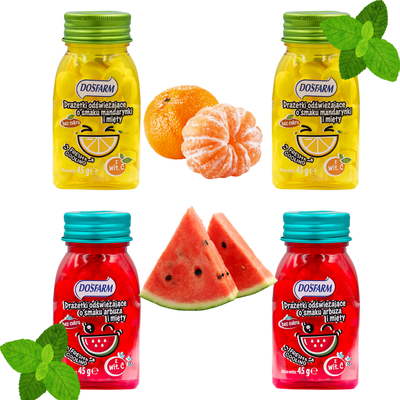 Dosfarm drażetki odświeżające różne smaki z witaminą C DUŻE OPAKOWANIE ZESTAW 4 x 45 g