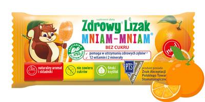 Zdrowy lizak dla dzieci mniam mniam z witaminami smak pomarańczowy 1 sztuka