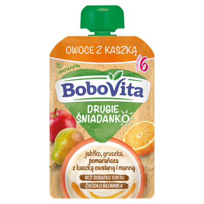 BoboVita Drugie Śniadanko Owoce z kaszką jabłko gruszka pomarańcza po 6 miesiącu ZESTAW 6 x 100 g