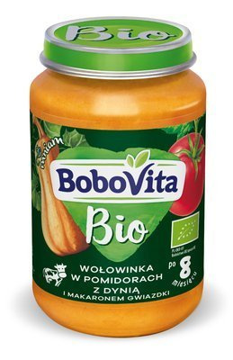 Obiadek dla dziecka Bobovita BIO wołowinka w pomidorach z dynią i makaronem gwiazdki po 8. miesiącu 190g