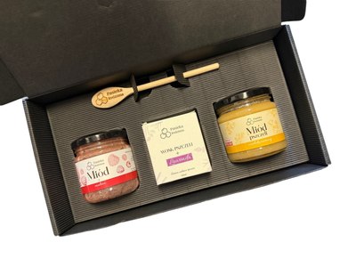 Pasieka Rodzinna ekskluzywny zestaw prezentowych miód malina i wielokwiatowy 240 g+ świeczka lawenda + łyżeczka