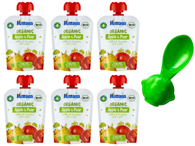 Humana Organic Mus jabłko & gruszka po 4. miesiącu ZESTAW 6 x 90 g + ŁYŻECZKA DO MUSÓW GRATIS!