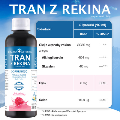 Tran z rekina smak malinowy ODPORNOŚĆ, bez cukru 330 ml