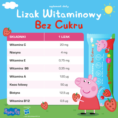 Lizaki witaminowe Świnka Peppa BEZ CUKRU smak truskawkowy 1 sztuka