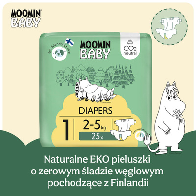 Moomin Baby 1 Newborn 2–5 kg (25 szt), eko pieluszki + CHUSTECZKI BEGGS GRATIS!