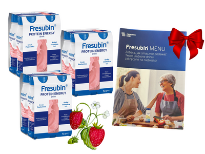 Fresubin® Protein Energy Drink,  smak poziomkowy ZESTAW 12 x 200ml. Żywność specjalnego przeznaczenia medycznego. Bogata w białko + MENU GRATIS!