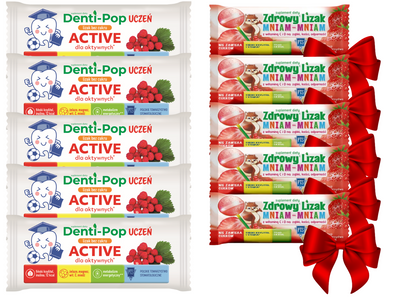 Denti-Pop uczeń lizak BEZ CUKRU na koncentrację POZIOMKA 5 sztuk + GRATIS!