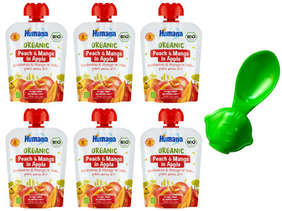 Humana Organic Mus brzoskwinia & mango w jabłku po 8. miesiącu ZESTAW 6 x 90 g + ŁYŻECZKA DO MUSÓW GRATIS!