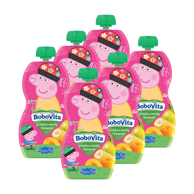 BoboVita Peppa Mus gruszka z bananem i morelą po 6 miesiącu ZESTAW 6x100 g