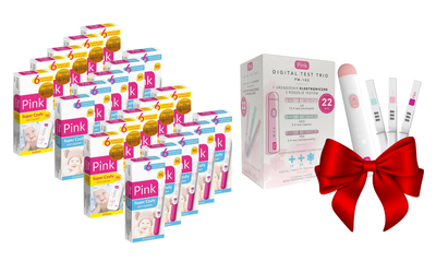 Pink testy ciążowe SUPER CZUŁE strumieniowy i płytkowy mix 20 opakowań + zestaw do monitorowania płodności GRATIS!