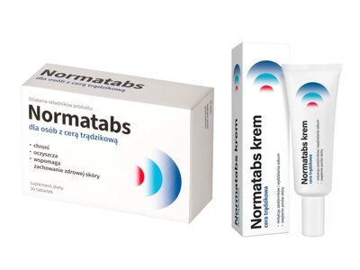 Normatabs ZESTAW suplement dla cery trądzikowej 30 tabletek i krem 50 ml