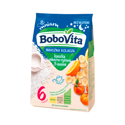 BoboVita Smaczna Kolacja Kaszka mleczno-ryżowa 3 owoce po 6. miesiącu 230g