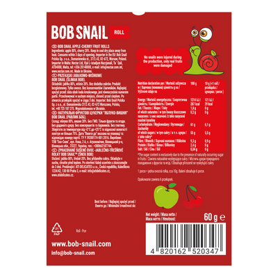 Bob Snail Rollsy owocowe Jabłko Wiśnia bez cukru 60 g