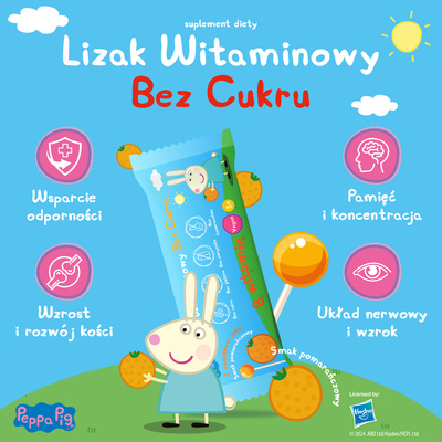 Lizaki witaminowe Świnka Peppa BEZ CUKRU smak pomarańczowy 1 sztuka