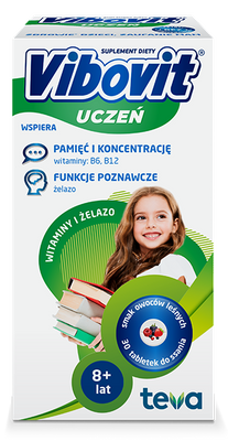 Vibovit Uczeń Witaminy + Żelazo o smaku owoców leśnych 30 tabletek do ssania