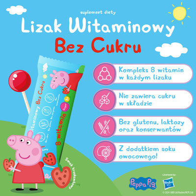 Lizaki witaminowe Świnka Peppa BEZ CUKRU smak truskawkowy 1 sztuka
