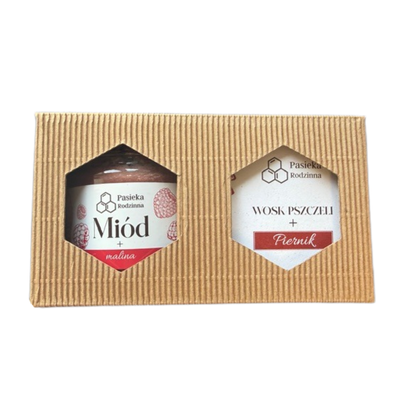 Pasieka Rodzinna zestaw prezentowy miód malinowy 240 g + świeca z wosku pszczelego piernik 120 ml