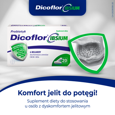 Dicoflor Ibsium dla dzieci dorosłych probiotyk jelito drażliwe 20 kapsułek 2 + 1 GRATIS + podkładka 5 w 1 GRATIS!