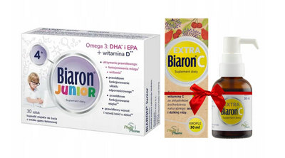 Biaron Junior Witamina D 1000 j.m. do żucia guma balonowa 30 kapsułek + Biaron C EXTRA krople GRATIS!