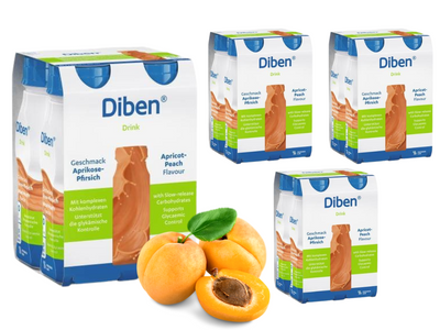 Diben Drink, smak morela - brzoskwinia, ZESTAW 16 x 200 ml. Żywność specjalnego przeznaczenia medycznego. Pacjent z cukrzycą, insulinoopornością.