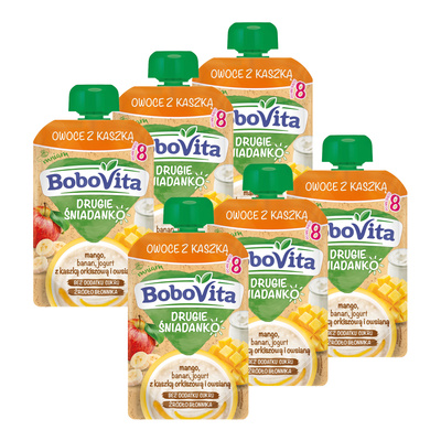 BoboVita Drugie Śniadanko Owoce z kaszką mango banan jogurt po 8 miesiącu ZESTAW 6 x 100 g