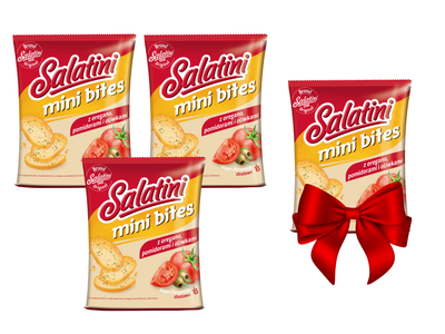 Salatini mini bites chrupiące grzanki z mąki pszennej oregano, pomidor i oliwki 45 g  ZESTAW 3 + 1 GRATIS!