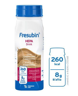 Fresubin Hepa Drink, smak cappucinno, ZESTAW 16 x 200 ml.  Żywność specjalnego przeznaczenia medycznego. Choroby wątroby