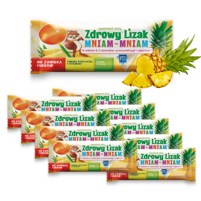 Zdrowy lizak dla dzieci mniam mniam z witaminami smak ananasowy ZESTAW KULKA 10 sztuk