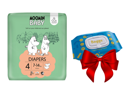 Moomin Baby 4 Maxi 7–14 kg (42 szt), eko pieluszki + CHUSTECZKI BEGGS GRATIS!