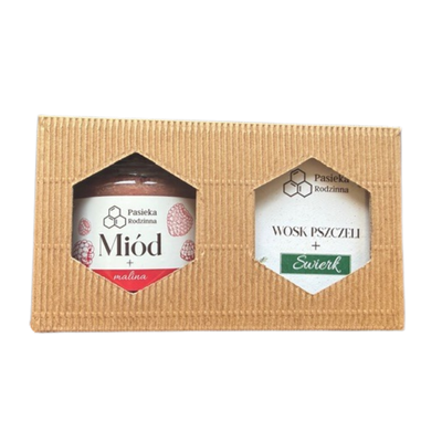 Pasieka Rodzinna zestaw prezentowy miód malinowy 240 g + świeca z wosku pszczelego świerk 120 ml