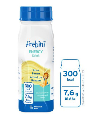 Frebini Energy Drink, smak bananowy, 4 x 200 ml. Żywność specjalnego przeznaczenia medycznego. Dla dzieci 1 - 12 lat