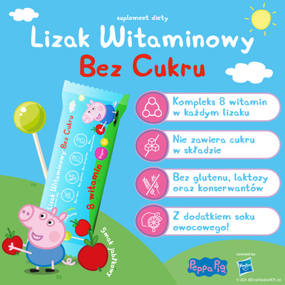 Lizaki witaminowe Świnka Peppa BEZ CUKRU smak jabłkowy 1 sztuka