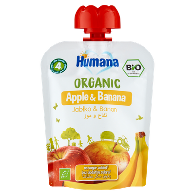 Humana Organic Mus jabłko & banan po 4. miesiącu ZESTAW 6 x 90 g + ŁYŻECZKA DO MUSÓW GRATIS!