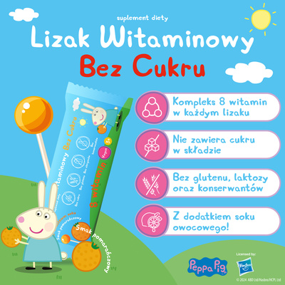 Lizaki witaminowe Świnka Peppa BEZ CUKRU smak pomarańczowy 1 sztuka