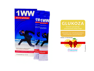 Płynna glukoza 1WW o smaku truskawkowym 10 saszetek + GLUKOZA W PROSZKU GRATIS!