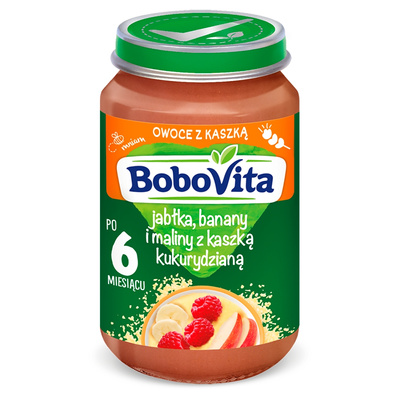 BoboVita Jabłka, banany i maliny z kleikiem kukurydzianym deserek po 6 miesiącu 190g