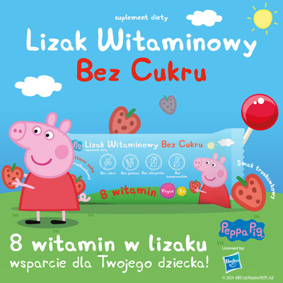 Lizaki witaminowe Świnka Peppa BEZ CUKRU smak truskawkowy 1 sztuka