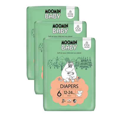 Moomin Baby 6 Maxi 12–24 kg (102 szt), miesięczne opakowanie eko pieluszek