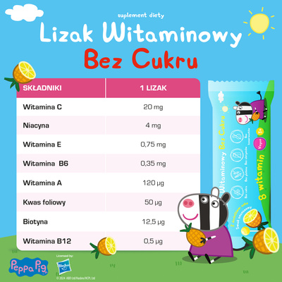 Lizaki witaminowe Świnka Peppa BEZ CUKRU smak ananasowy 1 sztuka