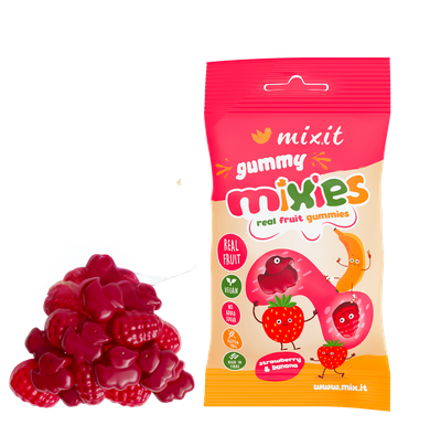 MIXIT Owocowe Mixies naturalne cukierki żelki o smaku truskawki banana 35 g