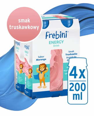 Frebini Energy Drink, smak truskawkowy, 4 x 200 ml. Żywność specjalnego przeznaczenia medycznego. Dla dzieci 1 - 12 lat