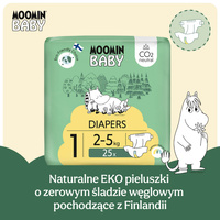 Moomin Baby 1 Newborn 2–5 kg (25 szt), eko pieluszki + CHUSTECZKI BEGGS GRATIS!