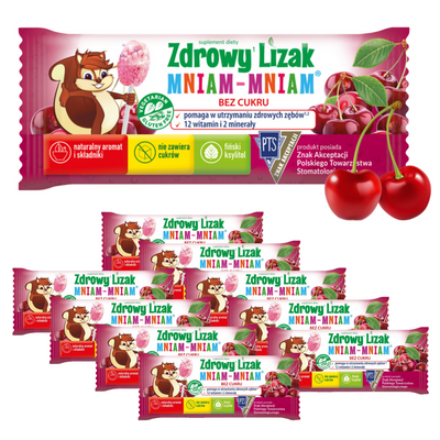 Zdrowy lizak dla dzieci mniam mniam z witaminami smak wiśniowy ZESTAW 10 sztuk + 2 LIZAKI GRATIS!