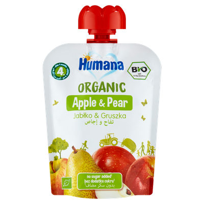 Humana Organic Mus jabłko & gruszka po 4. miesiącu ZESTAW 6 x 90 g + ŁYŻECZKA DO MUSÓW GRATIS!