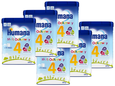 Humana 4 Mali Odkrywcy Napój mleczny w proszku po 24. miesiącu ZESTAW 6 x 650 g + SZMATKA SENSORYCZNA GRATIS!