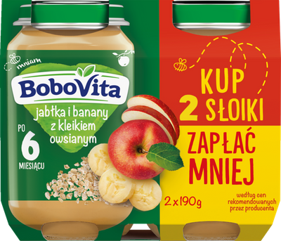 BoboVita Jabłka i banany z kleikiem owsianym po 6 miesiącu 190g 1+1 50% GRATIS