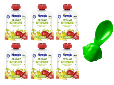 Humana Organic Mus jabłko & gruszka po 6. miesiącu ZESTAW 6 x 90 g + ŁYŻECZKA DO MUSÓW GRATIS!