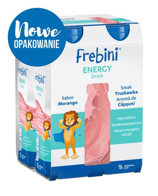 Frebini Energy Drink, smak truskawkowy, 4 x 200 ml. Żywność specjalnego przeznaczenia medycznego. Dla dzieci 1 - 12 lat