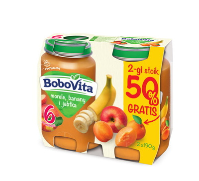 BoboVita Morele, banany i jabłka po 6 miesiącu 190g 1+1 50% GRATIS