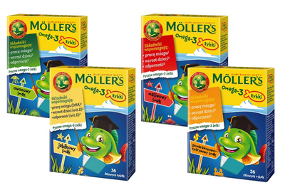 Moller's Omega-3 Rybki mix 4 smaków odporność tran 144 sztuki 